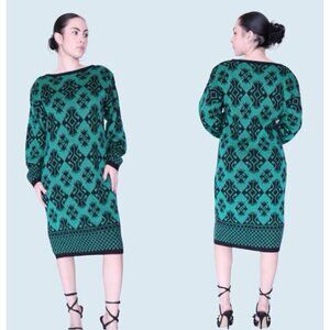 Vintage Nilani 1980s Metallic Green & Black Sweater Dress Sz Sm